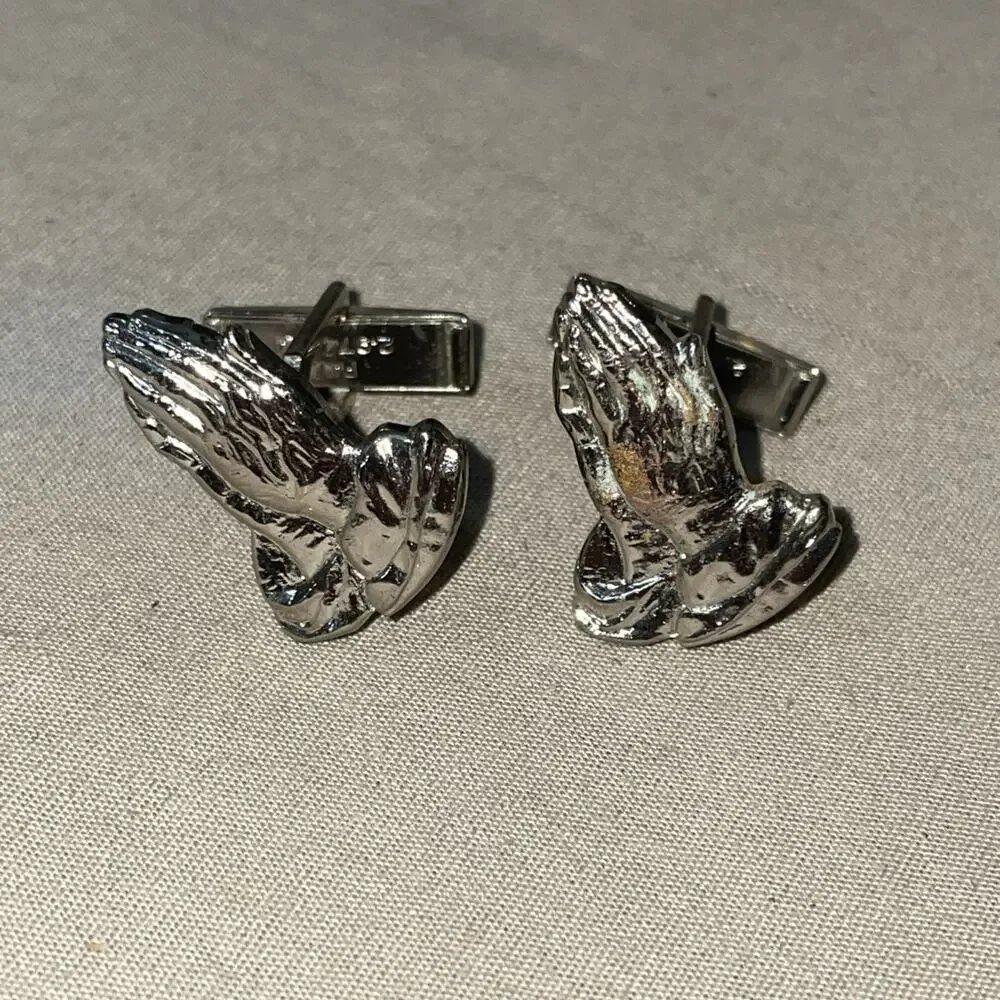 Vintage Praying Hands Cufflinks Silver Tone